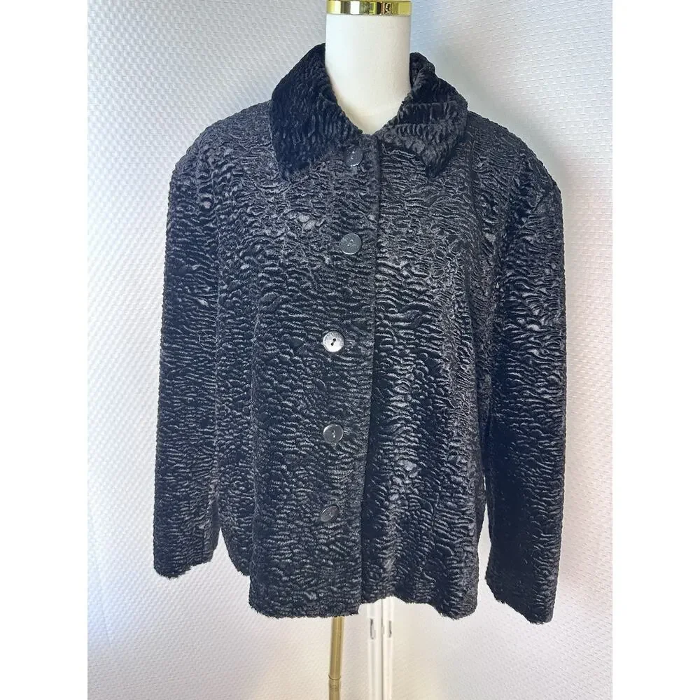 VTG Persian Lamb Faux Fur Jacket Coat Black 20w 1x Rena Rowan Luxe
